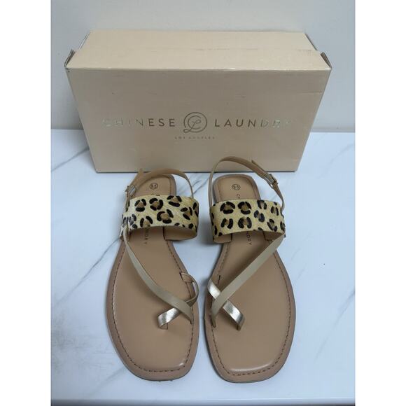 Chinese Laundry Sandals Women’s 9.5 Real Fur Cow Hair Leopard Print Flats - Picture 1 of 8